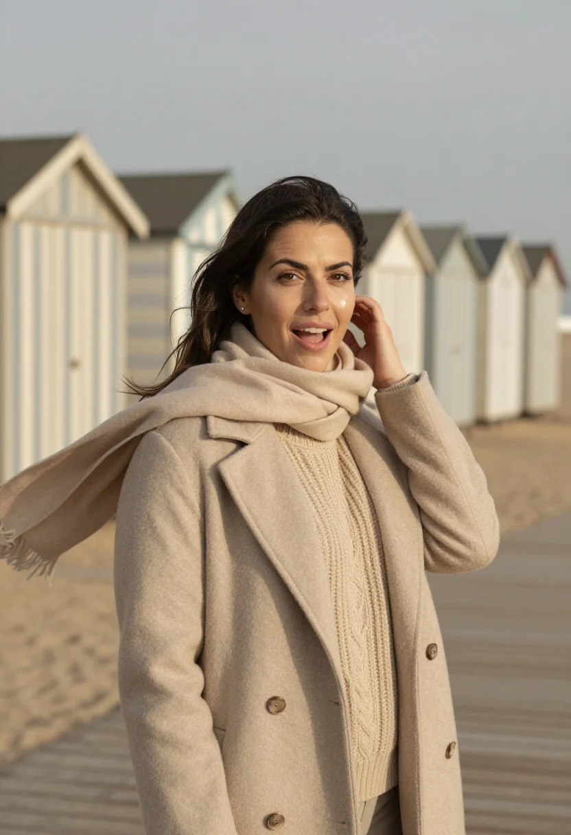 AI winter beach sand sample — portrait of a woman, chest-up portrait of a woman in her mid