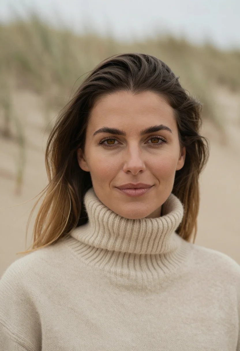 AI winter beach sand sample — portrait of a woman, tight headshot of a woman around thirty