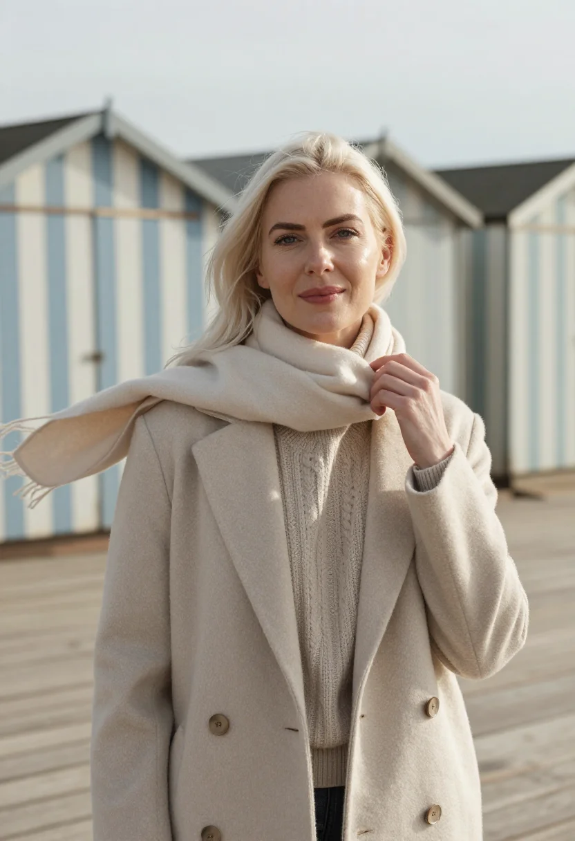 AI winter beach sand sample — portrait of a woman, chest-up portrait of a woman around thi