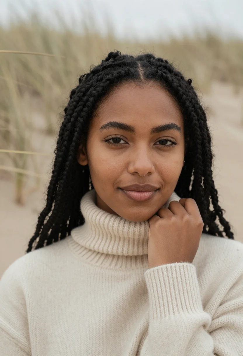 AI winter beach sand sample — portrait of a woman, tight headshot of a woman in her late t