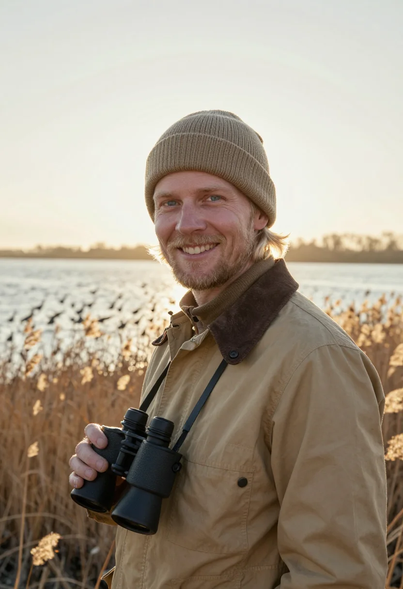 AI winter birding khaki sample — portrait of a man, framed head and shoulders, tighter, the b