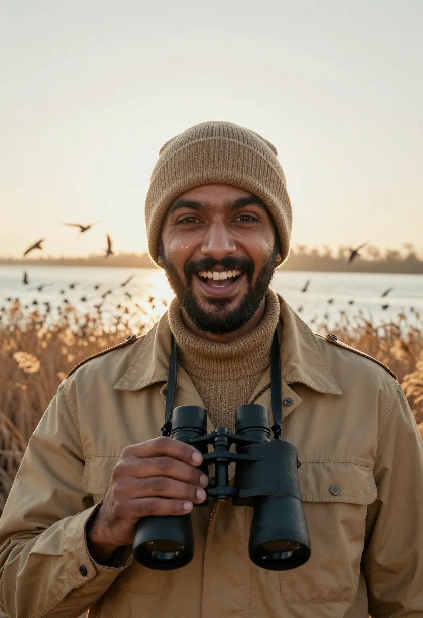AI winter birding khaki sample — portrait of a man, framed chest-up from the ribs with the bo