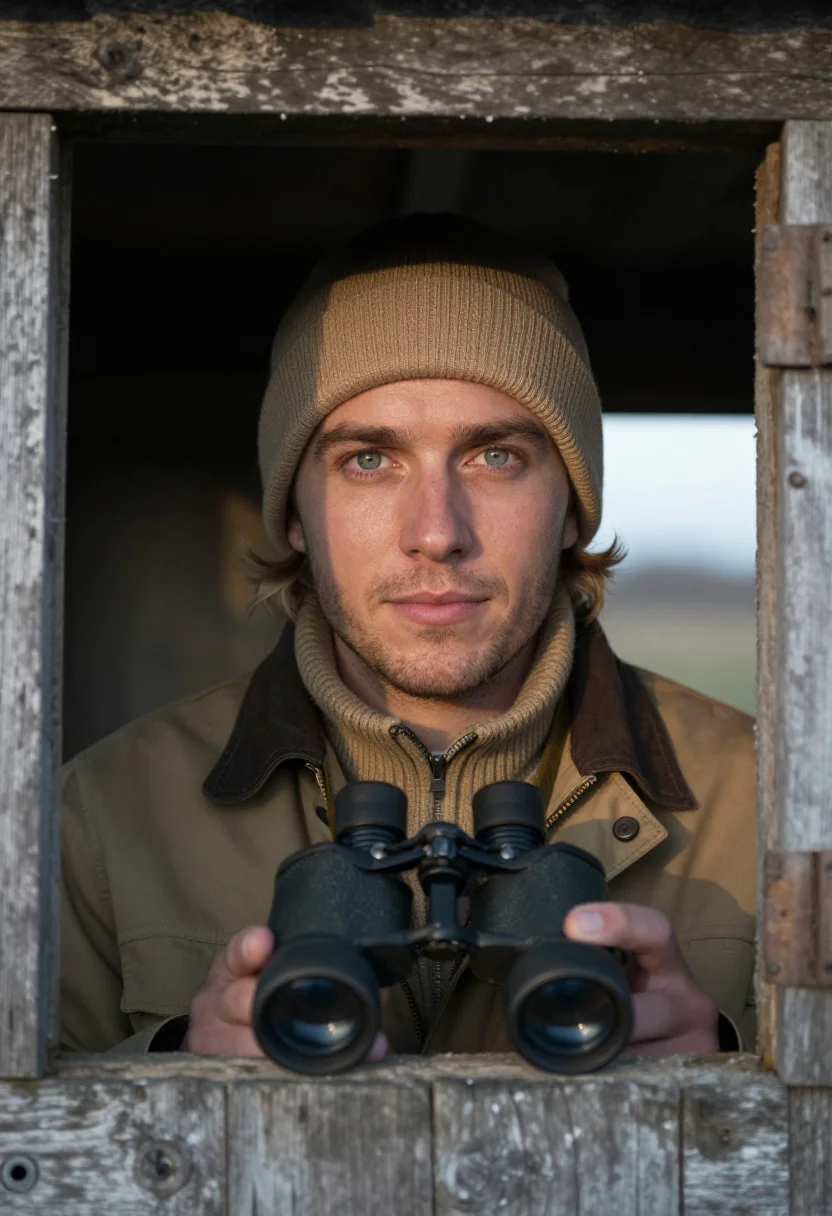AI winter birding khaki sample — portrait of a man, framed tight on the face from the collarb
