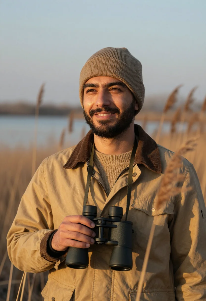 AI winter birding khaki sample — portrait of a man, framed chest-up from the ribs with the bo