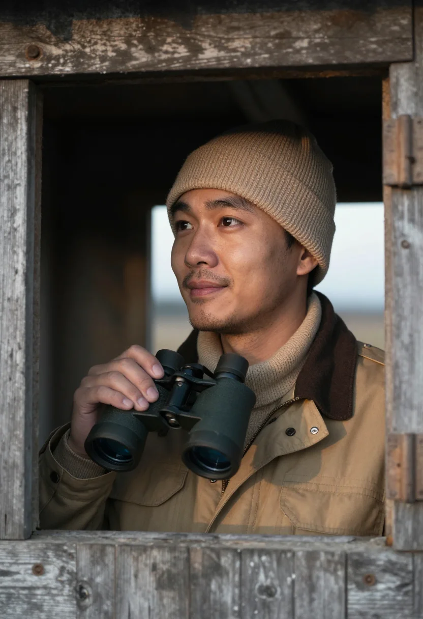AI winter birding khaki sample — portrait of a man, framed head and shoulders, tighter, the b