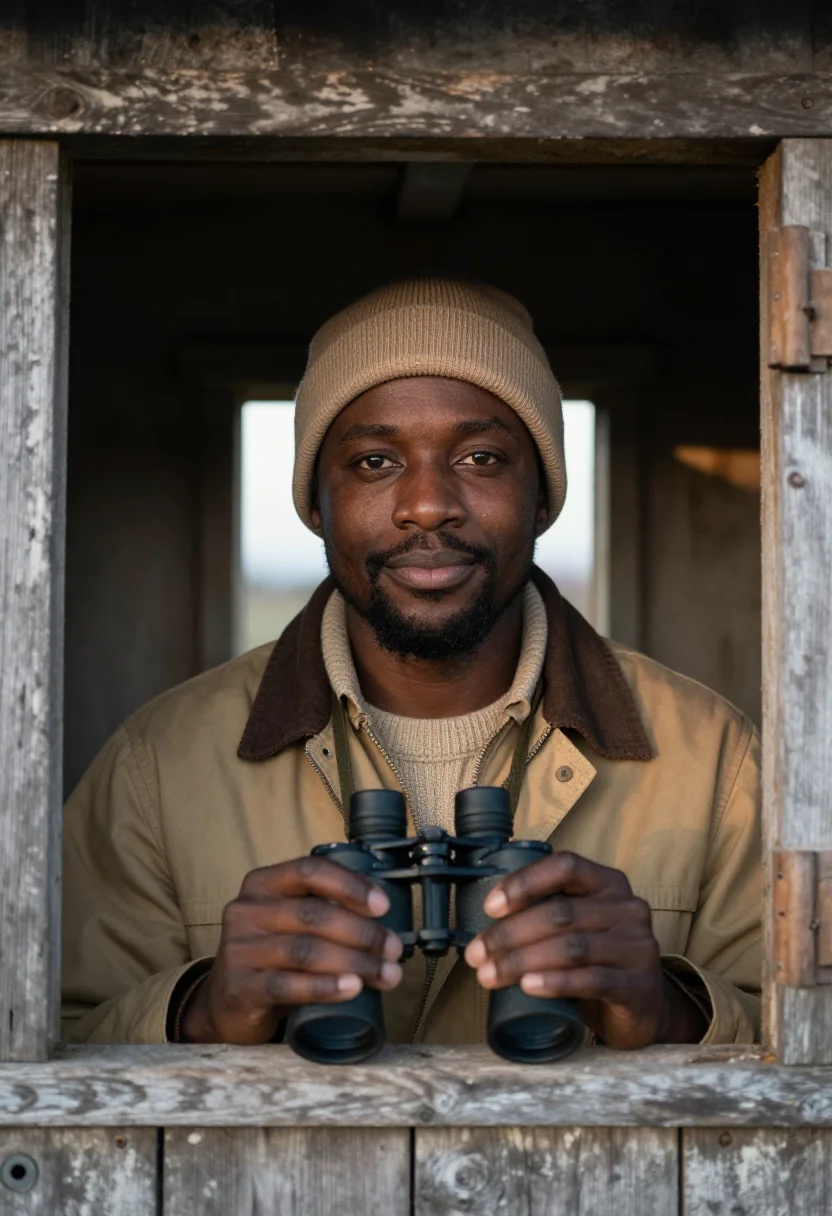 AI winter birding khaki sample — portrait of a man, framed head and shoulders, tighter, the b