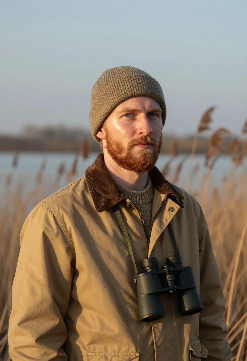 AI winter birding khaki sample — portrait of a man, framed head and shoulders, tighter, the b