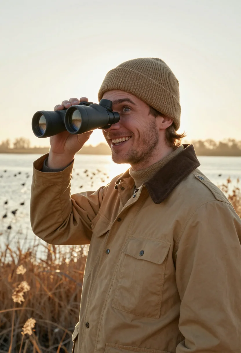 AI winter birding khaki sample — portrait of a man, framed chest-up from the ribs with the bo
