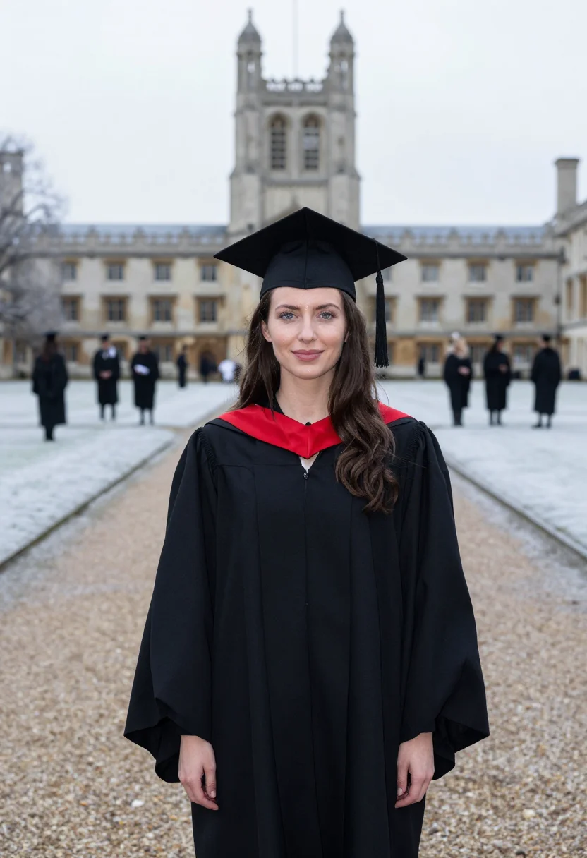AI winter graduation scarlet hood sample — portrait of a woman, framed tight, head and shoulders, the b