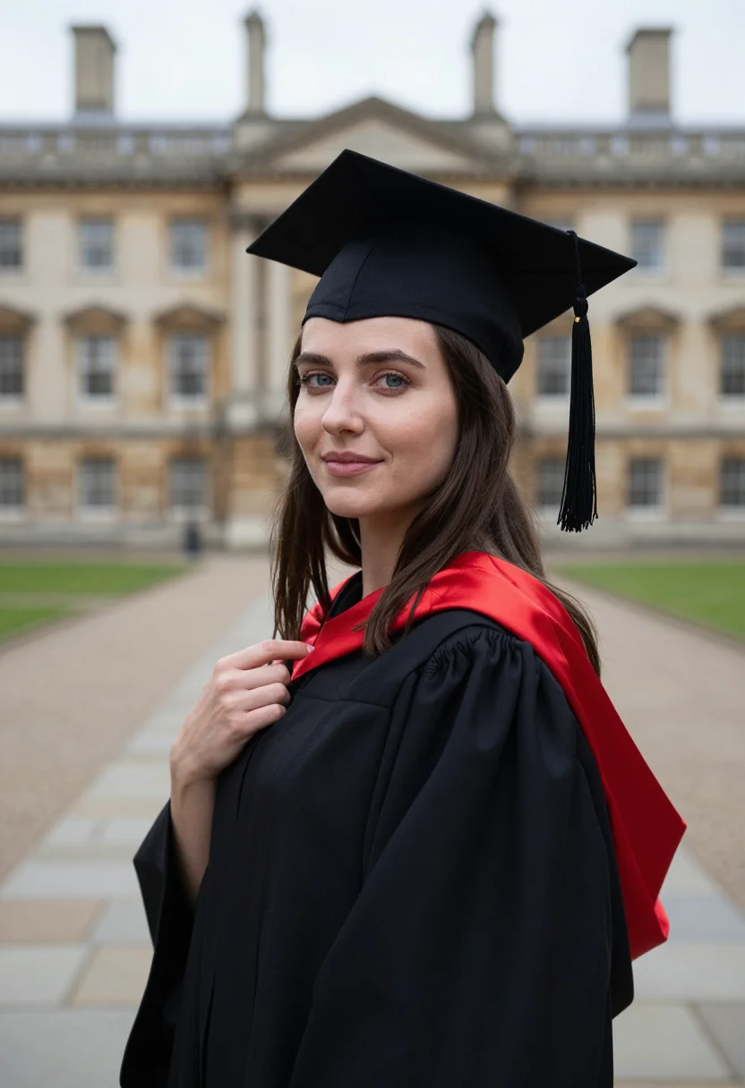 AI winter graduation scarlet hood sample — portrait of a woman, framed chest-up from the ribs, the body