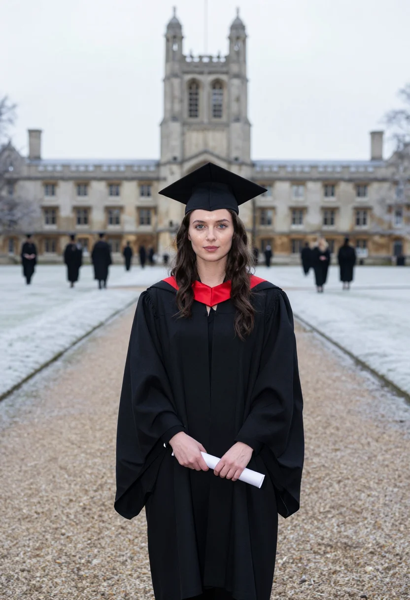 AI winter graduation scarlet hood sample — portrait of a woman, framed chest-up from the ribs, the body