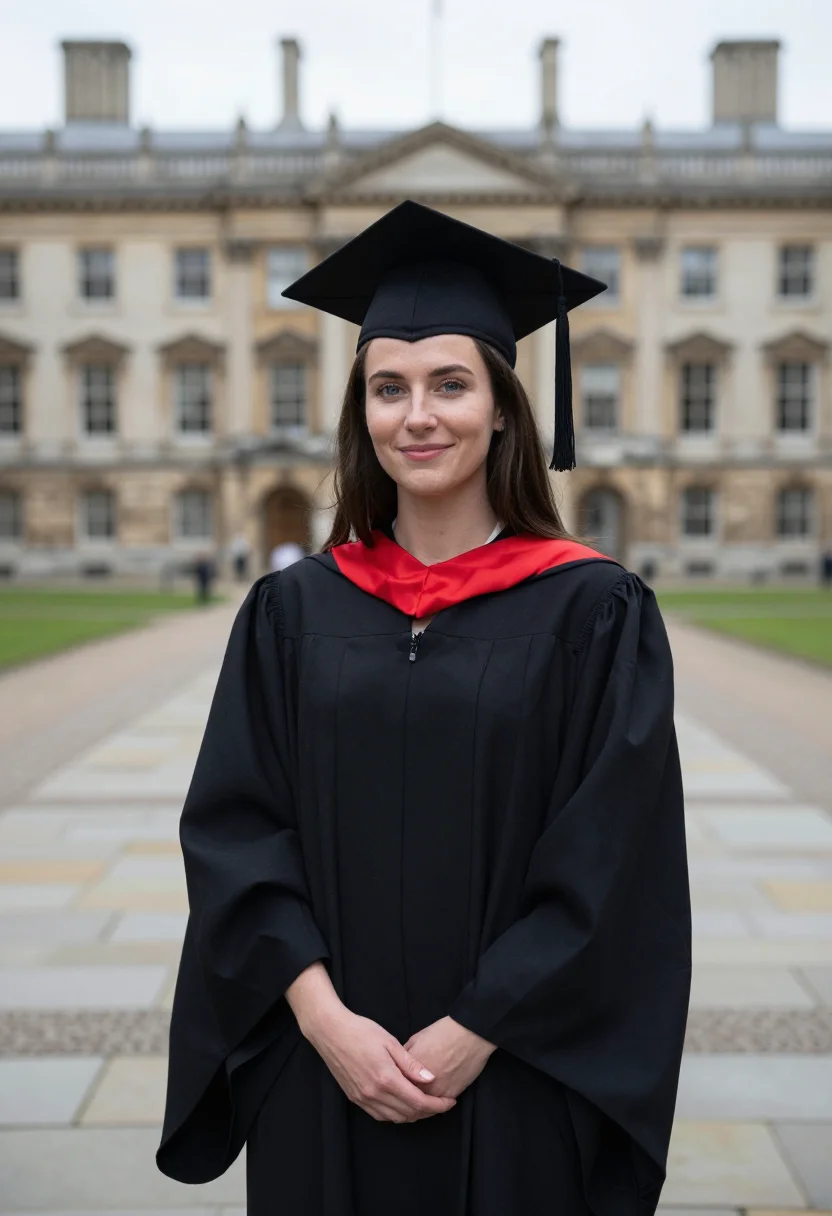 AI winter graduation scarlet hood sample — portrait of a woman, framed half-length from the waist up in