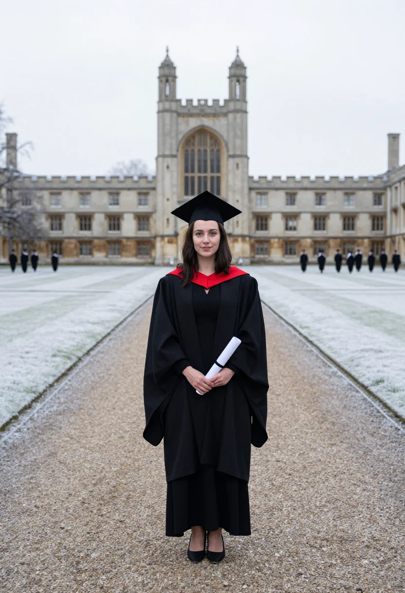 AI winter graduation scarlet hood sample — portrait of a woman, framed wide and full-length across the