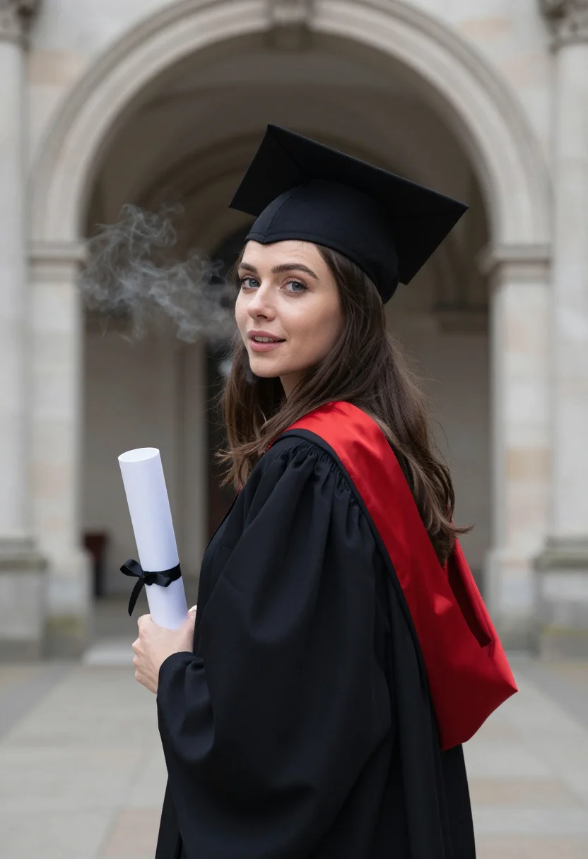 AI winter graduation scarlet hood sample — portrait of a woman, framed tight, head and shoulders, the b