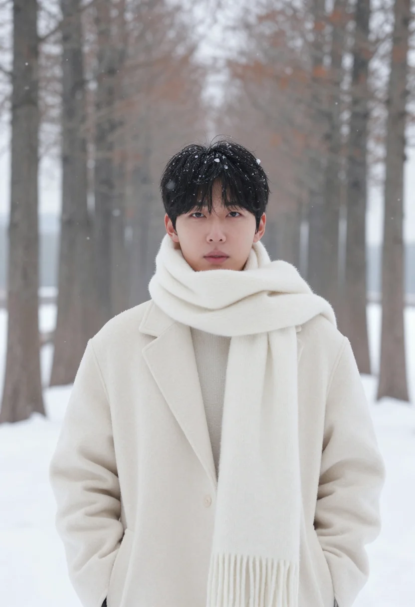 AI winter sonata nami island snow sample — portrait of a man, framed chest-up, the crop at the ribs, th