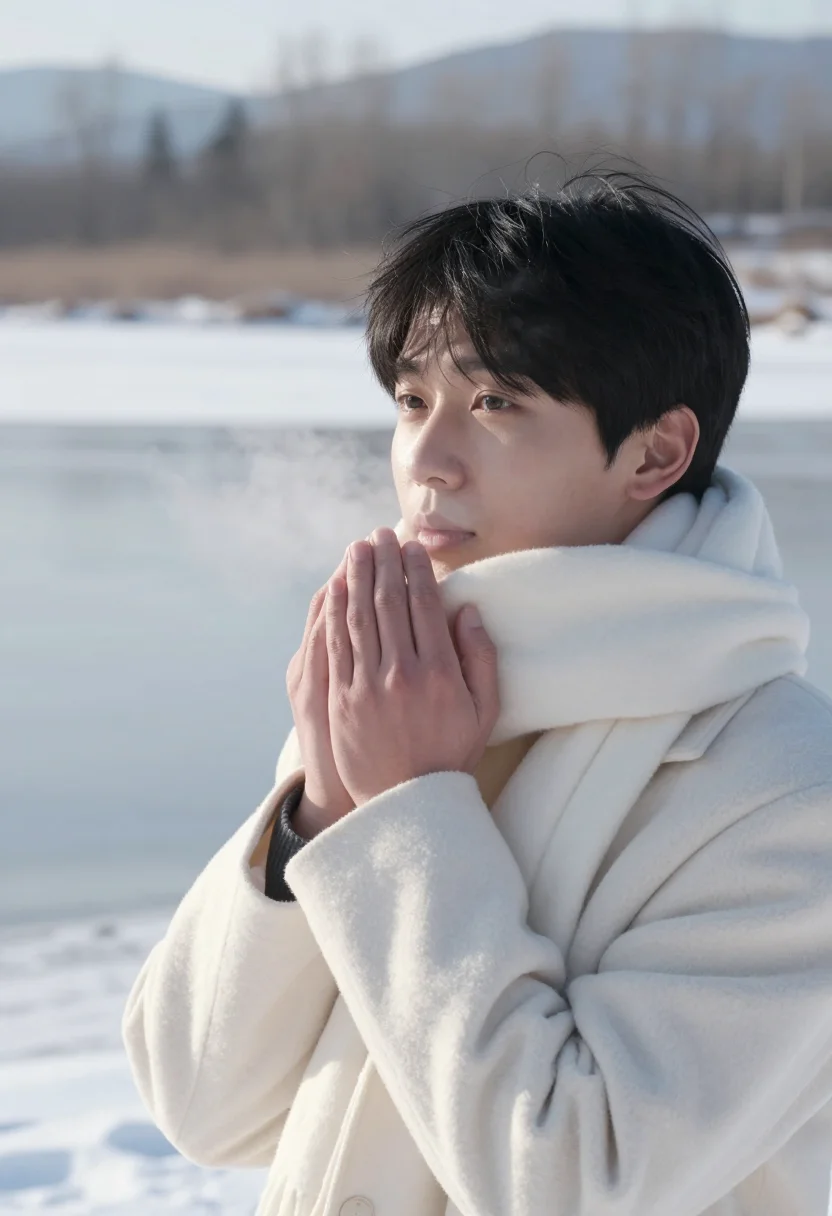 AI winter sonata nami island snow sample — portrait of a man, framed tight, head and shoulders, the bod