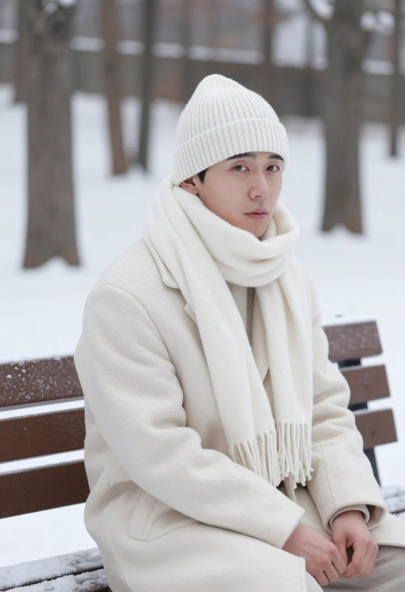 AI winter sonata nami island snow sample — portrait of a man, framed half-length from the waist up, a s