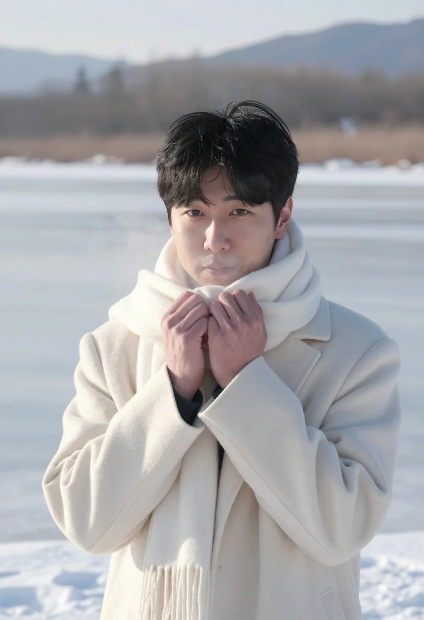 AI winter sonata nami island snow sample — portrait of a man, framed chest-up, the crop at the ribs, th