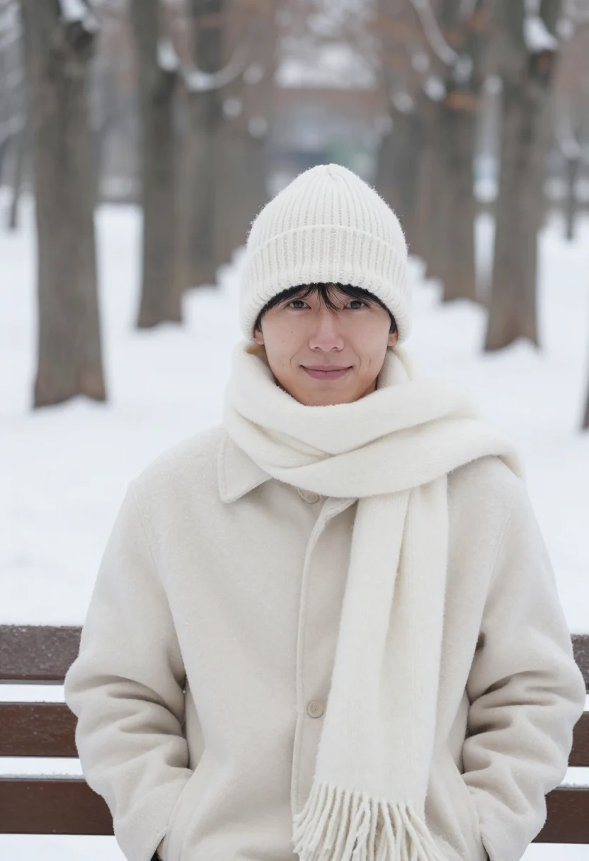 AI winter sonata nami island snow sample — portrait of a man, framed chest-up, the crop at the ribs, th