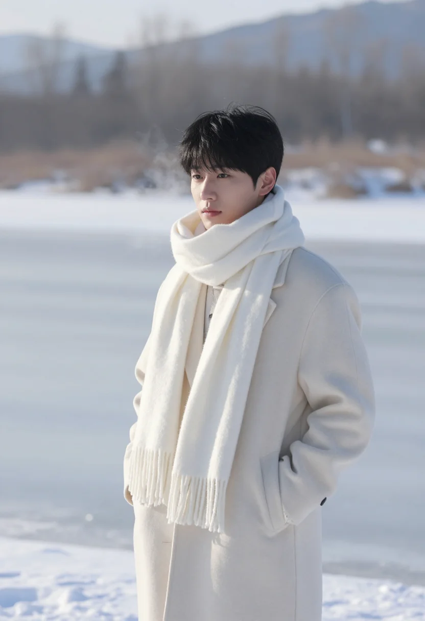 AI winter sonata nami island snow sample — portrait of a man, framed half-length from the waist up, a s