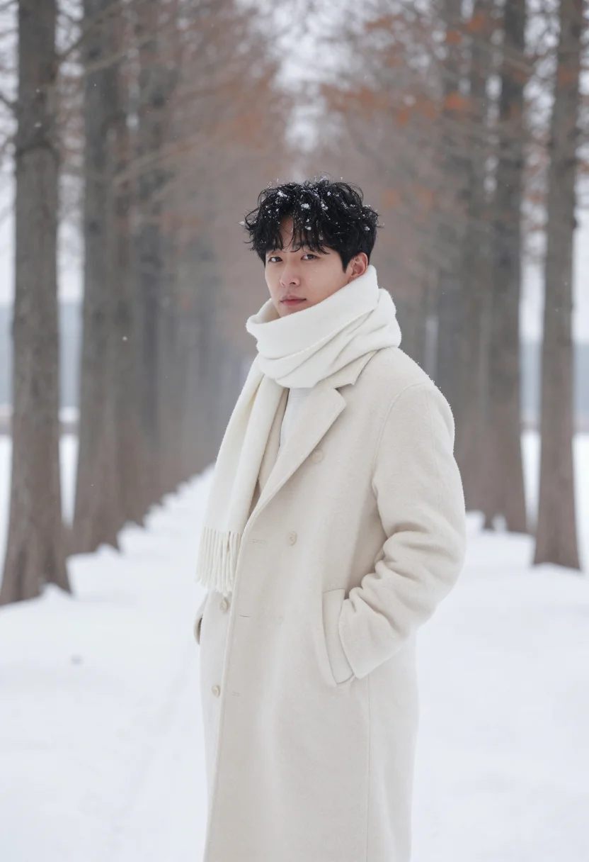 AI winter sonata nami island snow sample — portrait of a man, framed three-quarter length from the knee