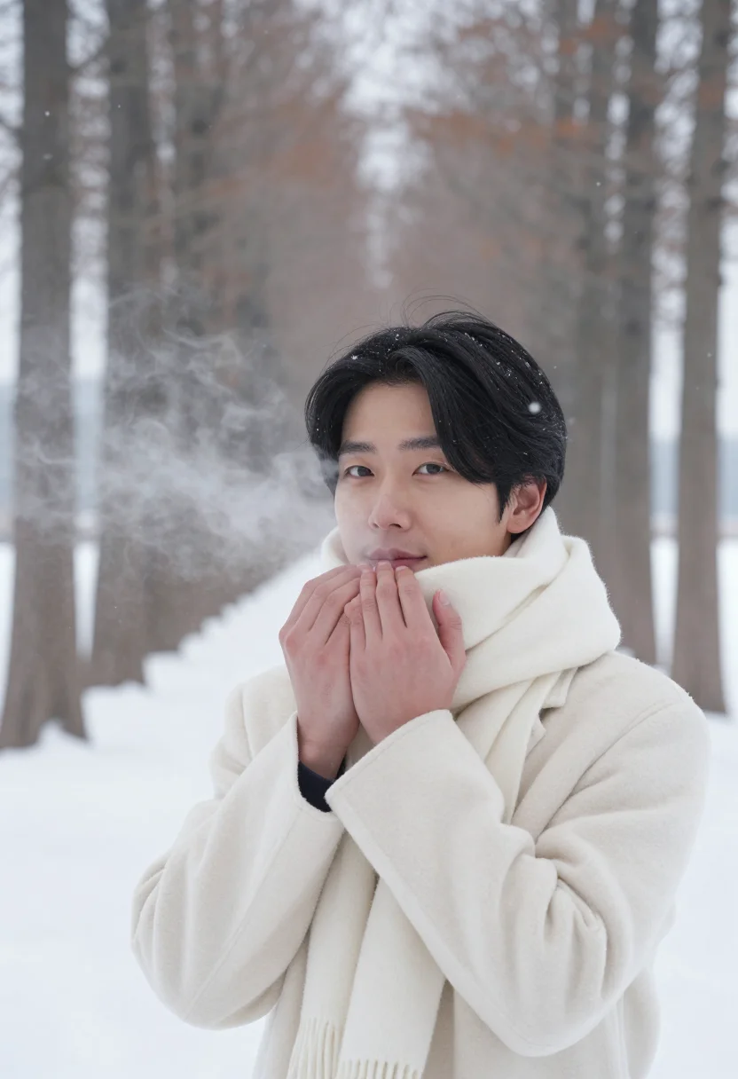 AI winter sonata nami island snow sample — portrait of a man, framed tight, head and shoulders, the bod
