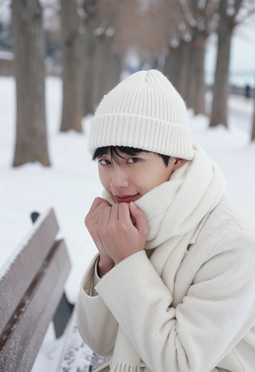 AI winter sonata nami island snow sample — portrait of a man, framed tight, head and shoulders, the bod