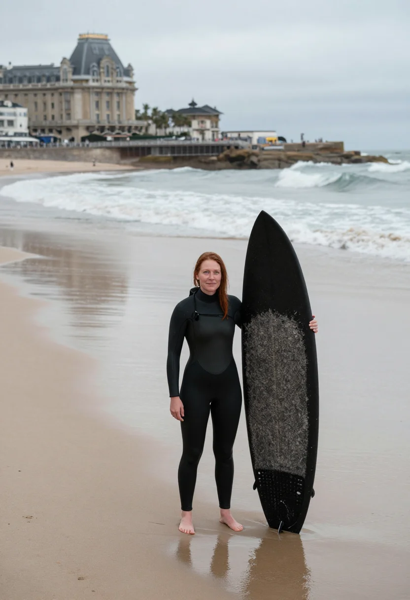 AI winter surf biarritz black sample — portrait of a woman, framed wide from the promenade at a gen