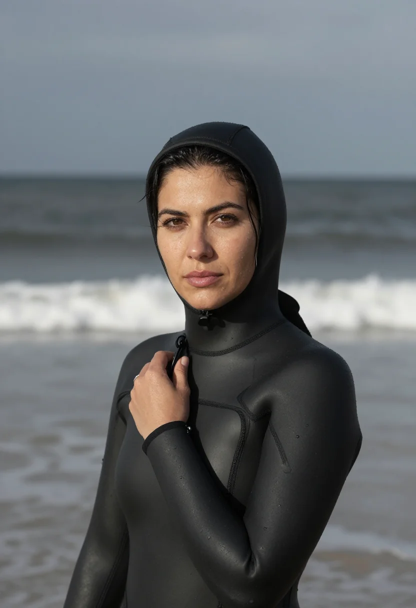 AI winter surf biarritz black sample — portrait of a woman, framed chest-up, the camera at eye leve
