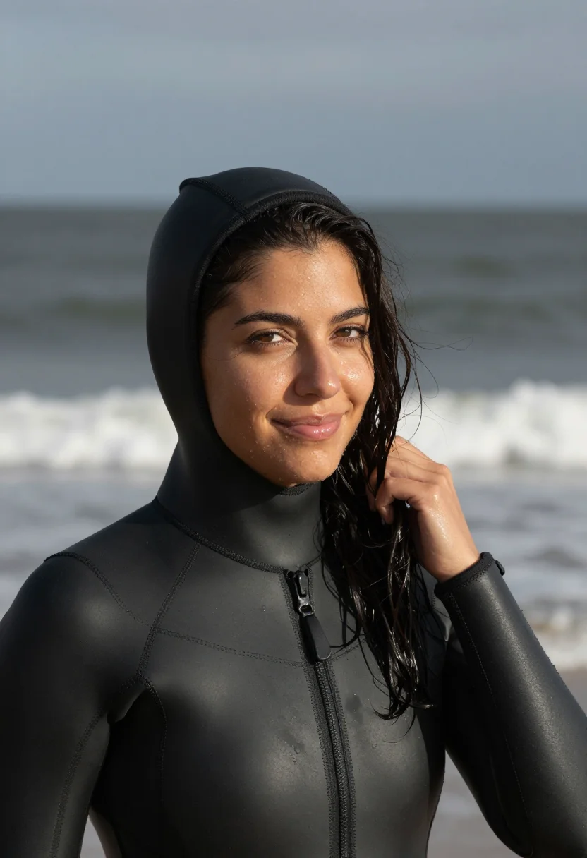 AI winter surf biarritz black sample — portrait of a woman, framed tight, head and shoulders, the b