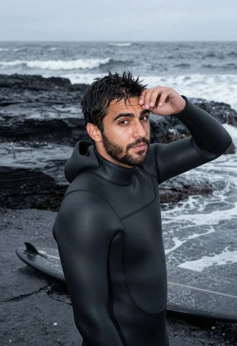 AI winter surf wetsuit black sample — portrait of a man, framed chest-up, cropped at the ribs, the