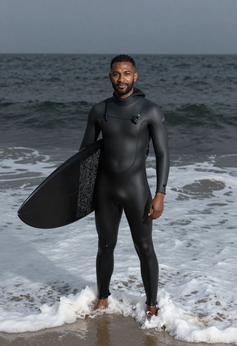 AI winter surf wetsuit black sample — portrait of a man, framed full-length from the head to the f