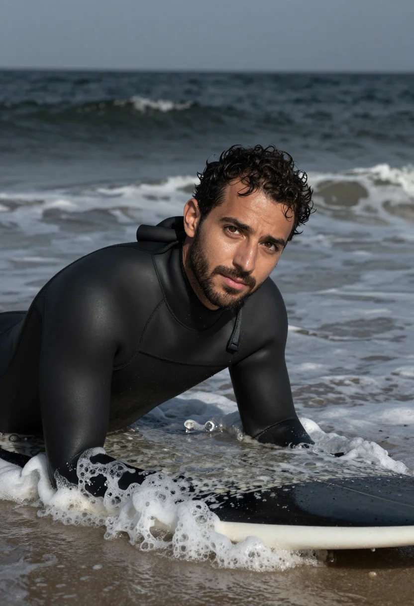 AI winter surf wetsuit black sample — portrait of a man, framed tight, head and shoulders, the bod