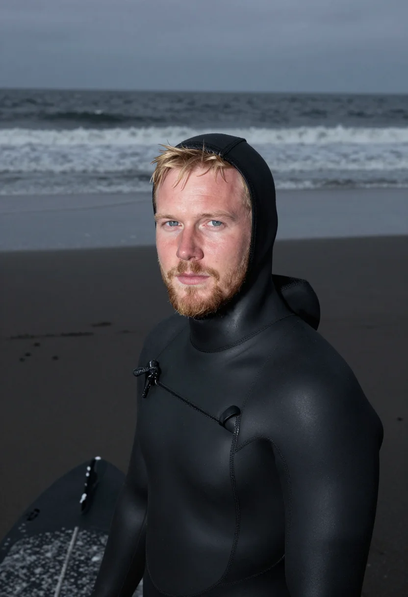 AI winter surf wetsuit black sample — portrait of a man, framed tight, head and shoulders, the bod