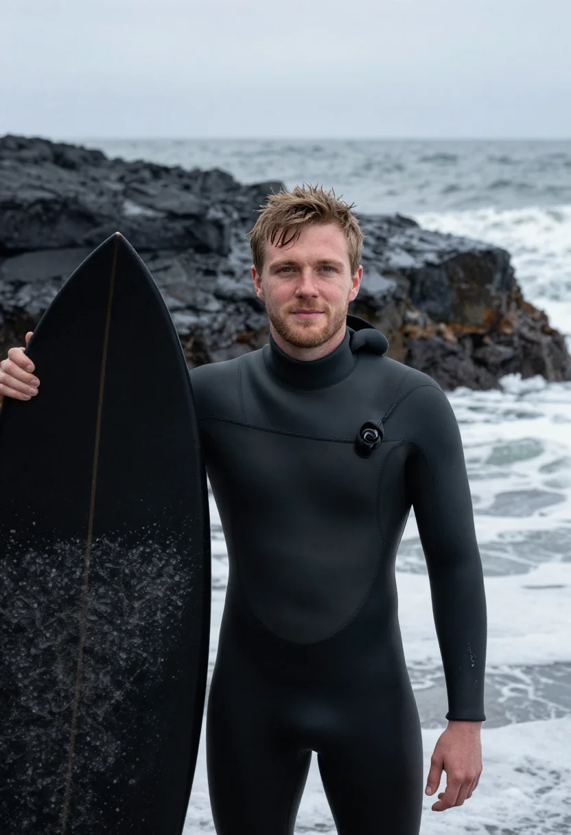 AI winter surf wetsuit black sample — portrait of a man, framed half-length from the head to the h