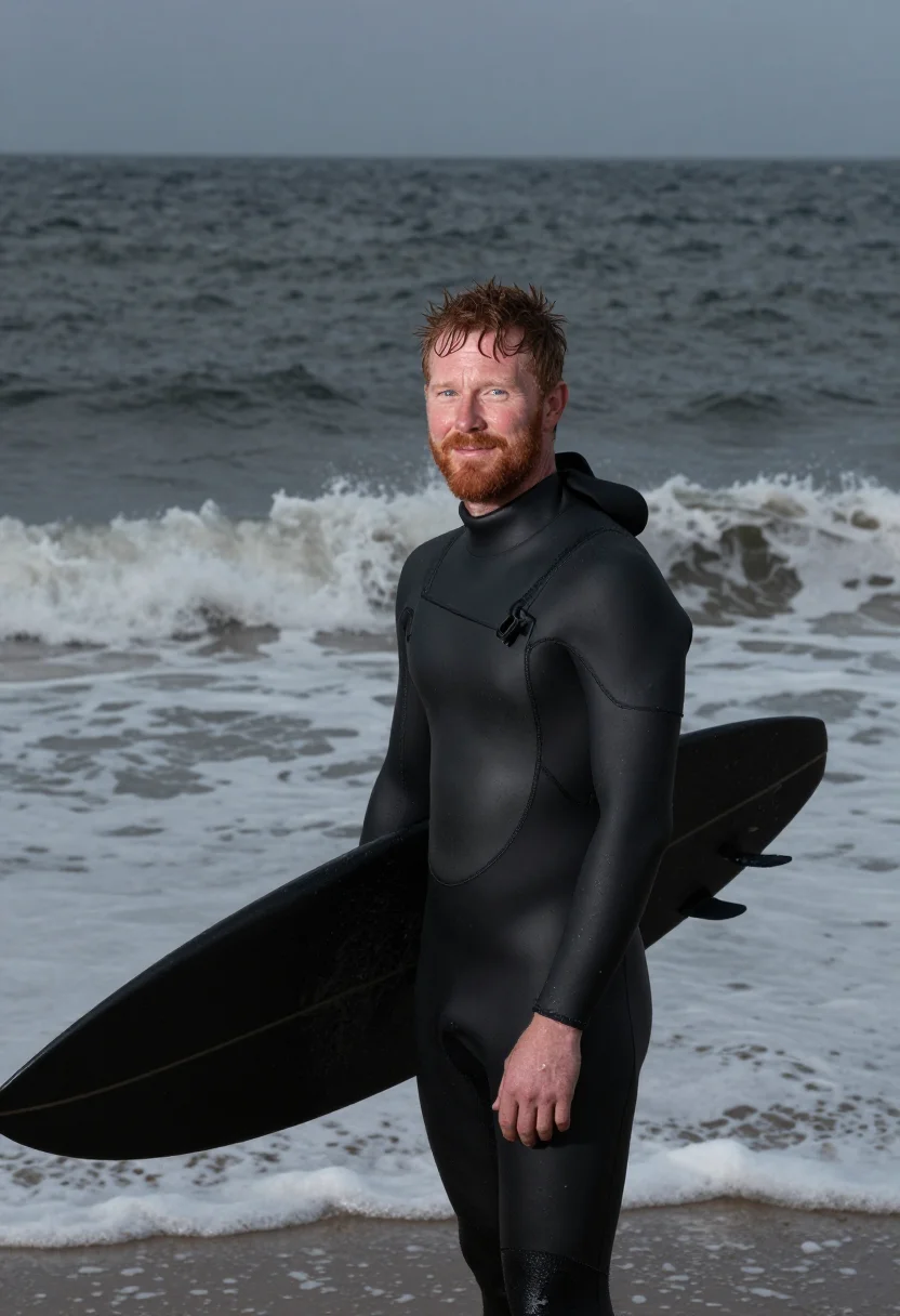 AI winter surf wetsuit black sample — portrait of a man, framed chest-up, cropped at the ribs, the