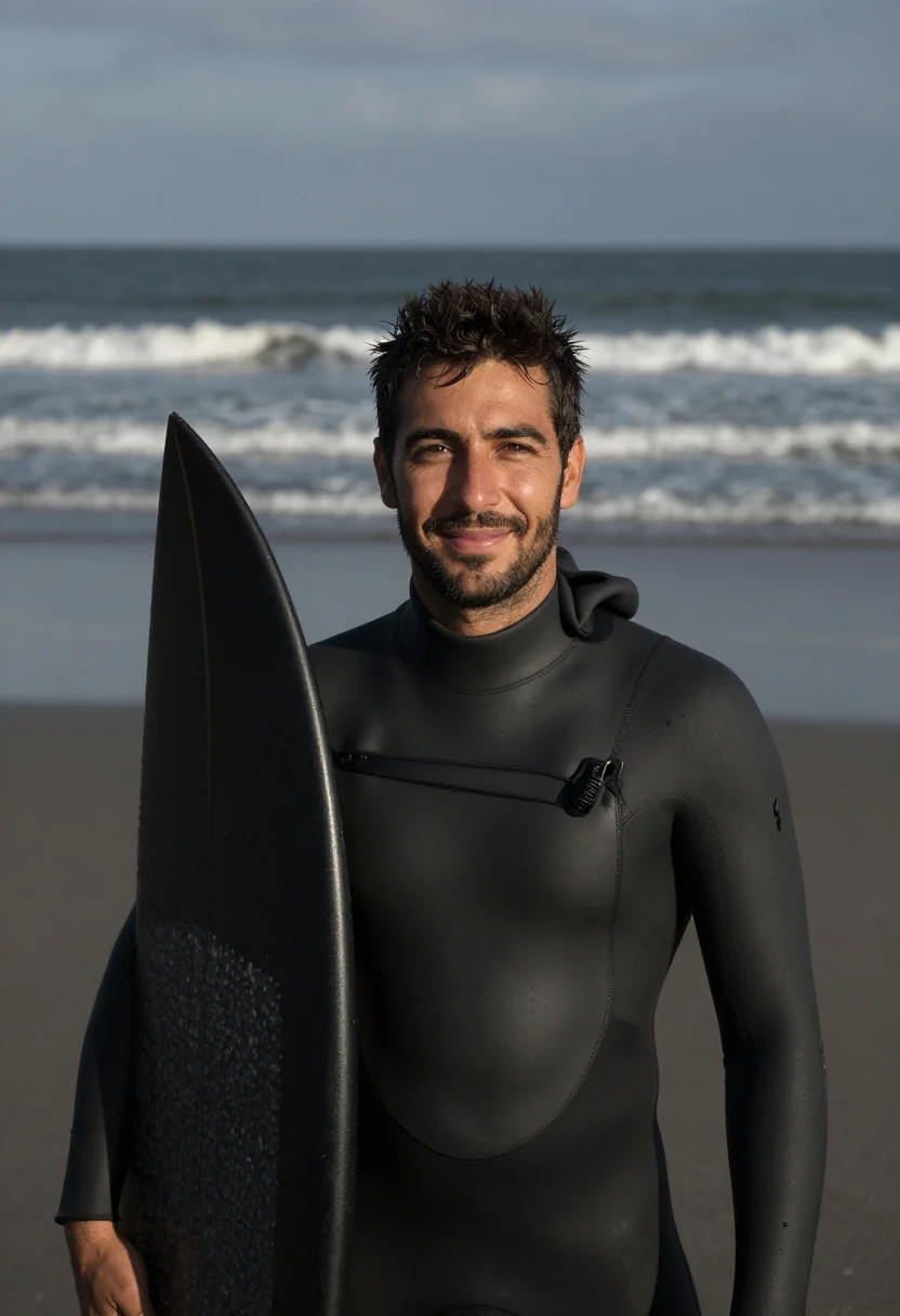 AI winter surf wetsuit black sample — portrait of a man, framed chest-up, cropped at the ribs, the