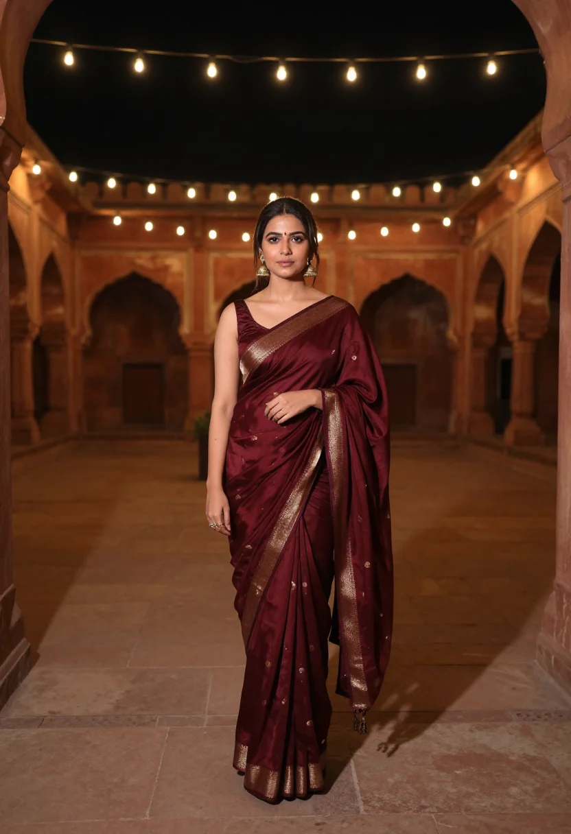 AI winter wedding guest maroon sample — portrait of a woman, framed wide and full-length from the co