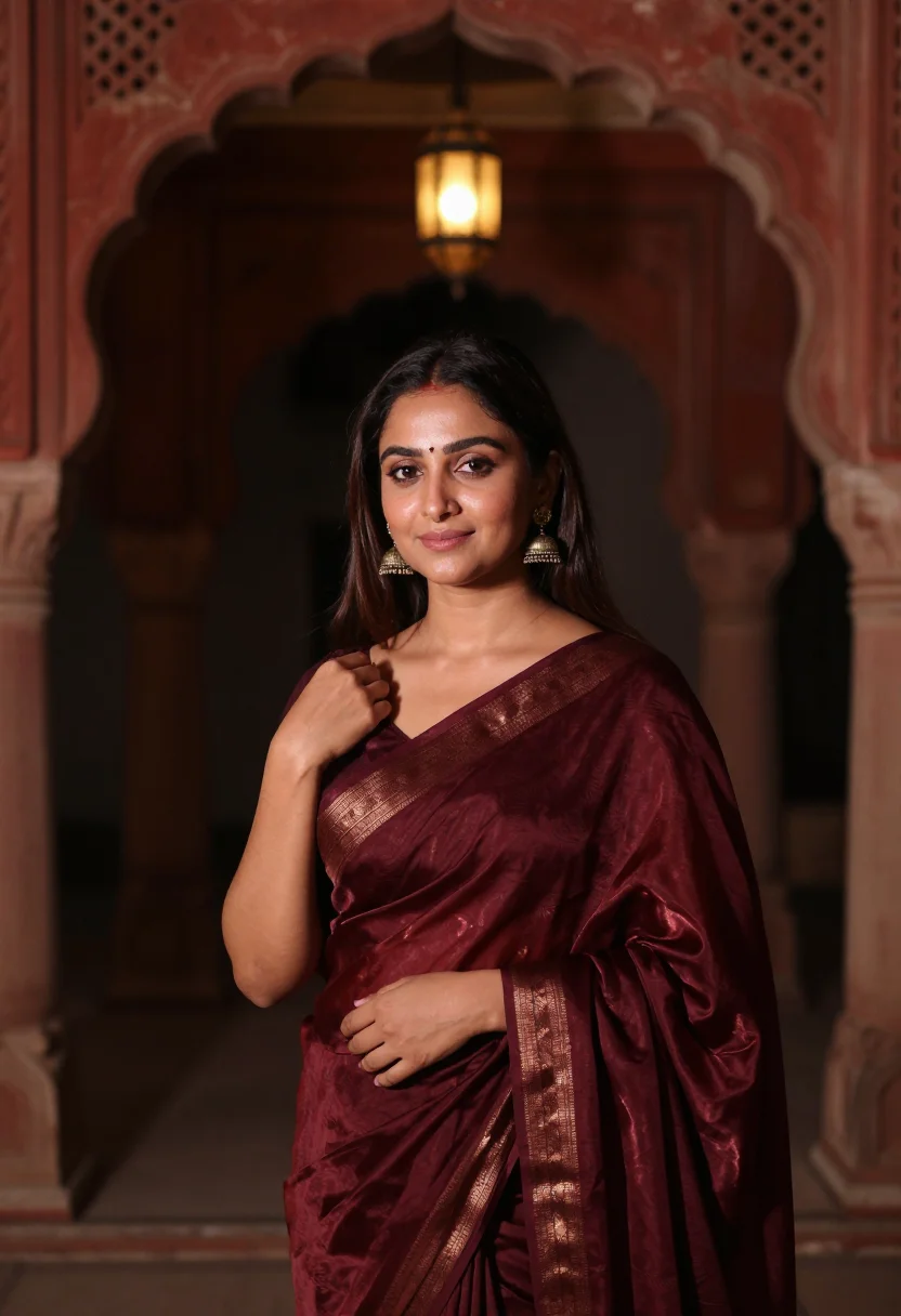 AI winter wedding guest maroon sample — portrait of a woman, framed chest-up, cropped at the ribs, t