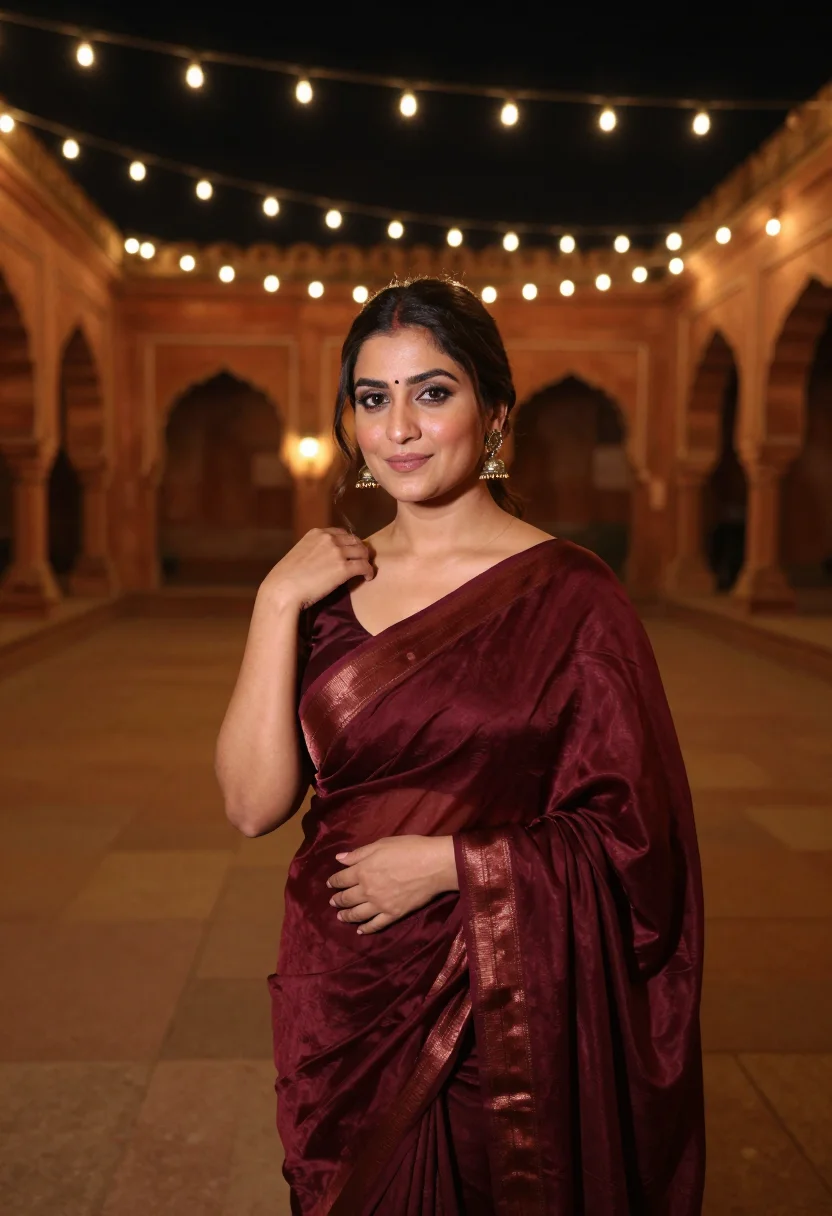 AI winter wedding guest maroon sample — portrait of a woman, framed chest-up, cropped at the ribs, t