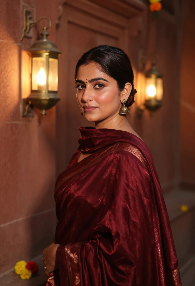 AI winter wedding guest maroon sample — portrait of a woman, framed chest-up, cropped at the ribs, t