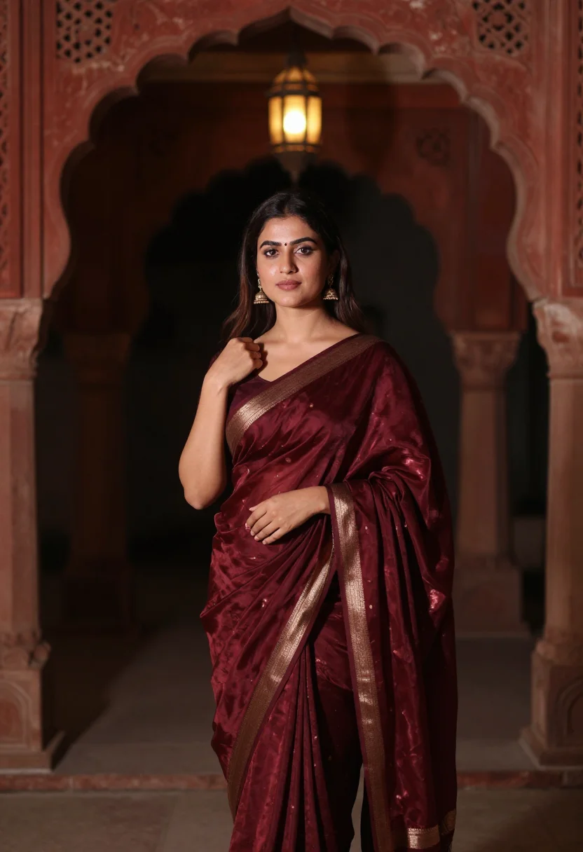 AI winter wedding guest maroon sample — portrait of a woman, framed three-quarter length from the he