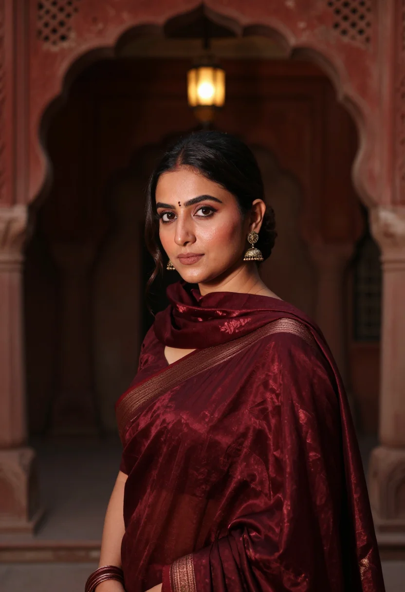 AI winter wedding guest maroon sample — portrait of a woman, framed tight, head and shoulders, the b
