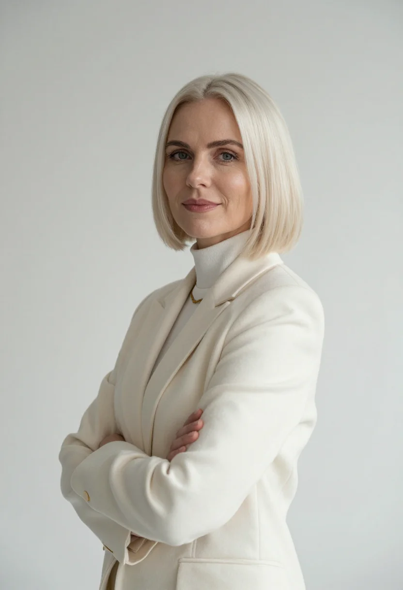 AI winter white suit headshot sample — portrait of a woman, chest-up three-quarter portrait of a No
