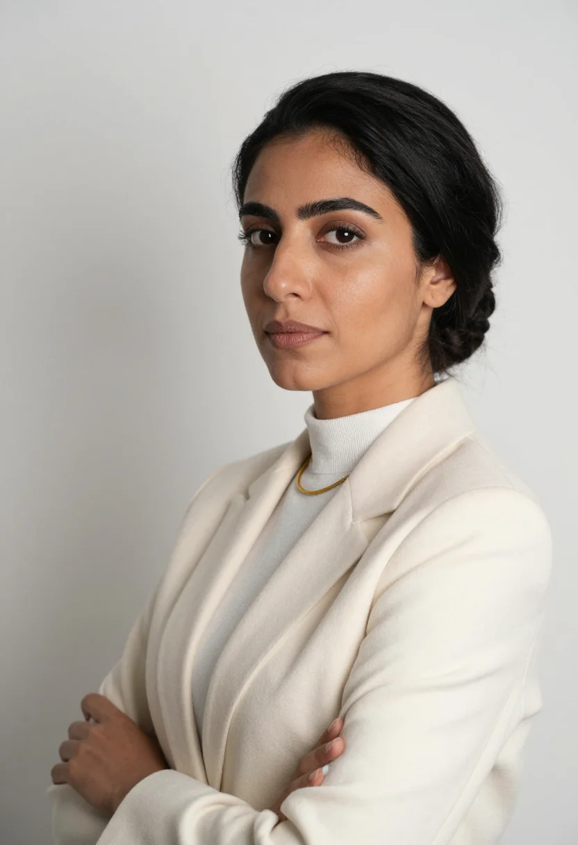 AI winter white suit headshot sample — portrait of a woman, head-and-shoulders three-quarter portra