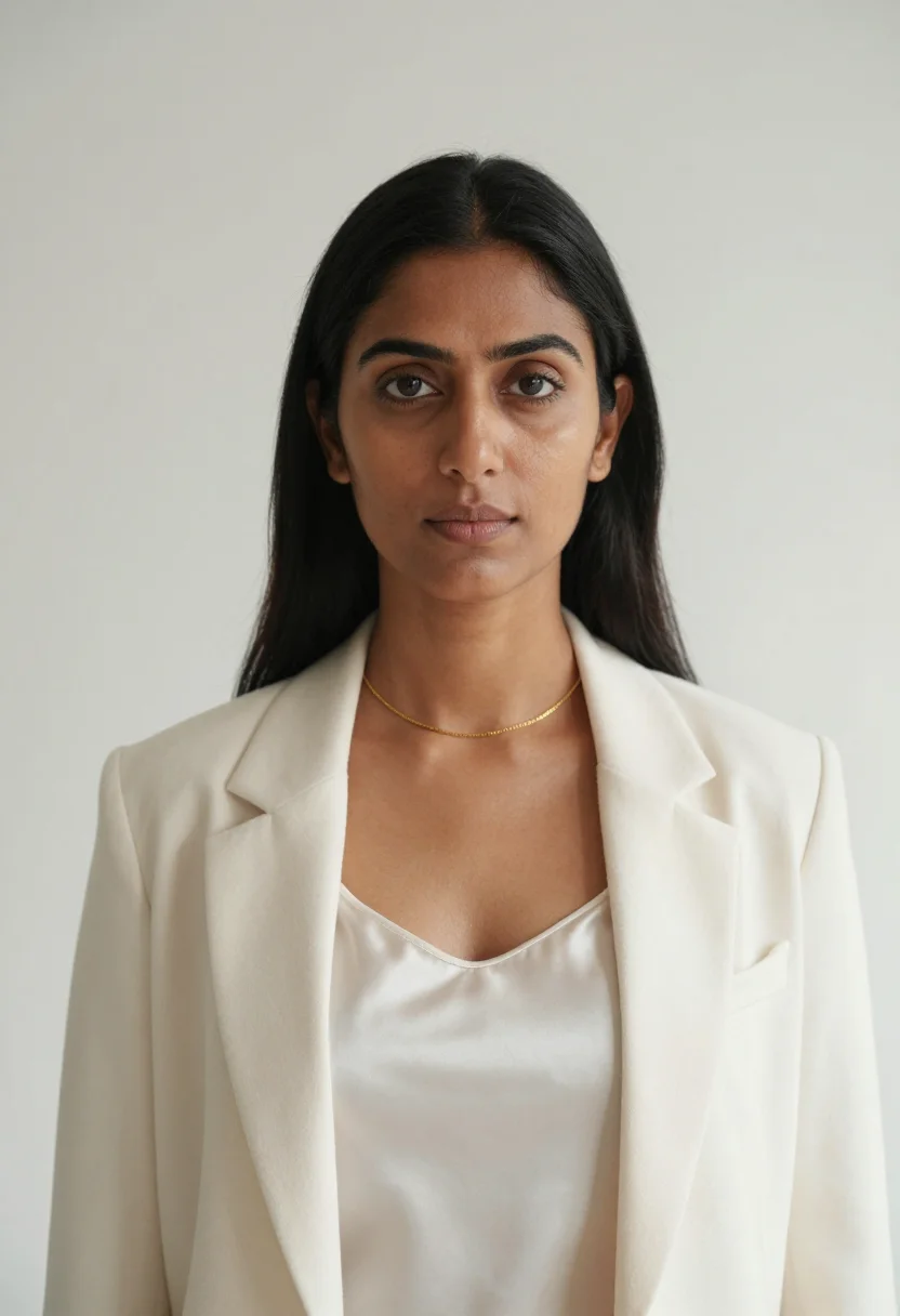 AI winter white suit headshot sample — portrait of a woman, chest-up portrait of a South-Asian woma