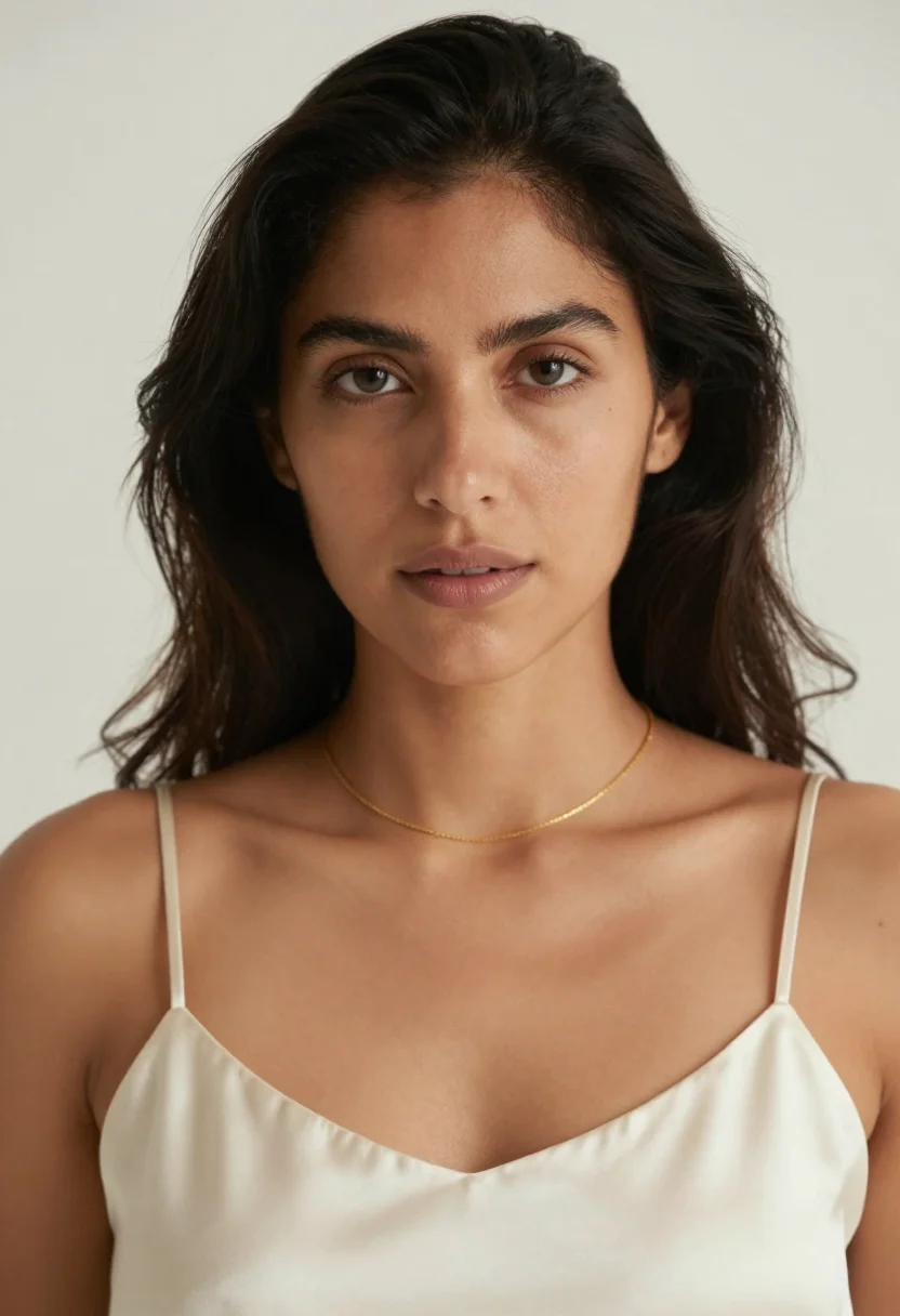 AI winter white suit headshot sample — portrait of a woman, close headshot of a Latin-American woma