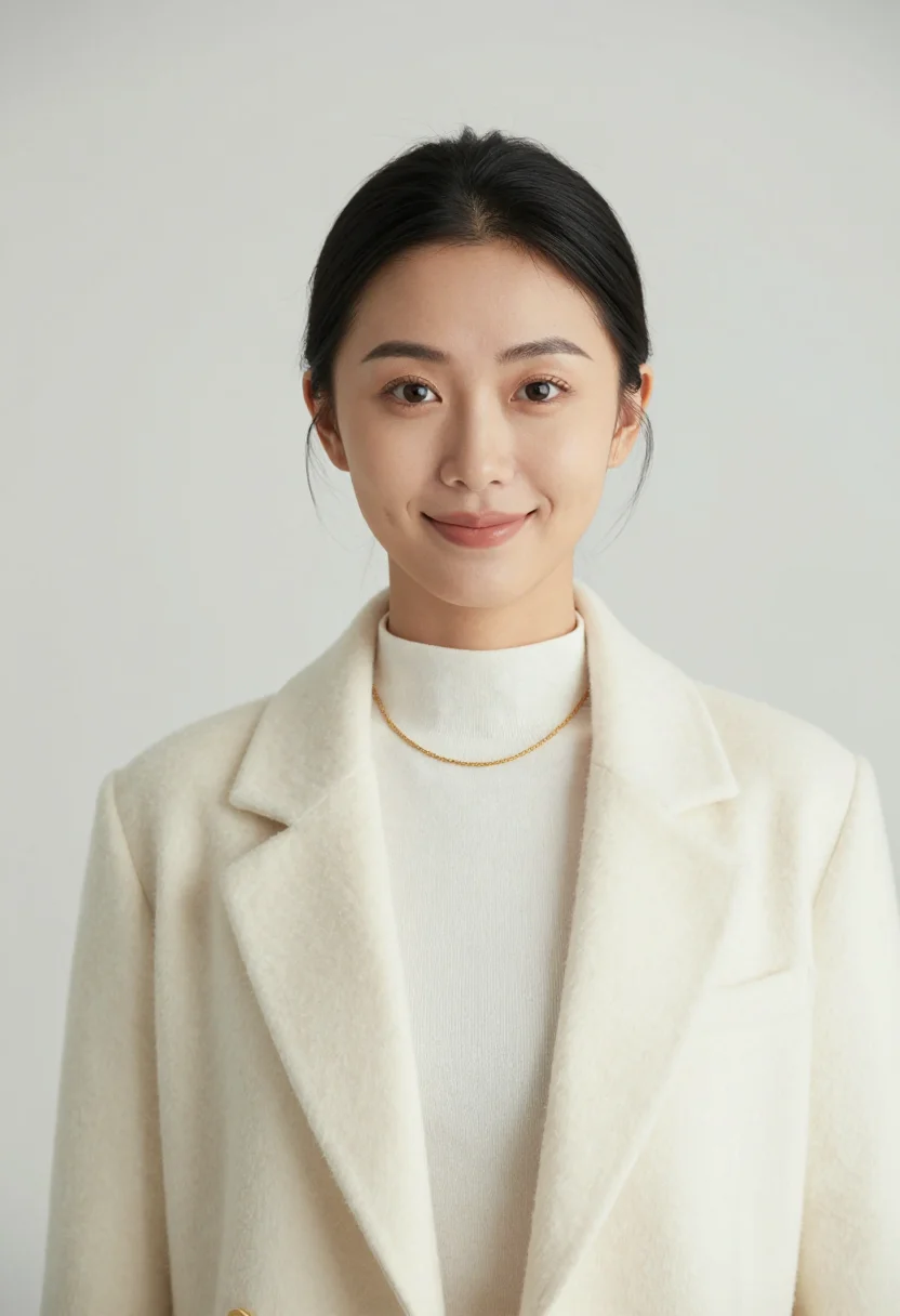 AI winter white suit headshot sample — portrait of a woman, head-and-shoulders portrait of an East-