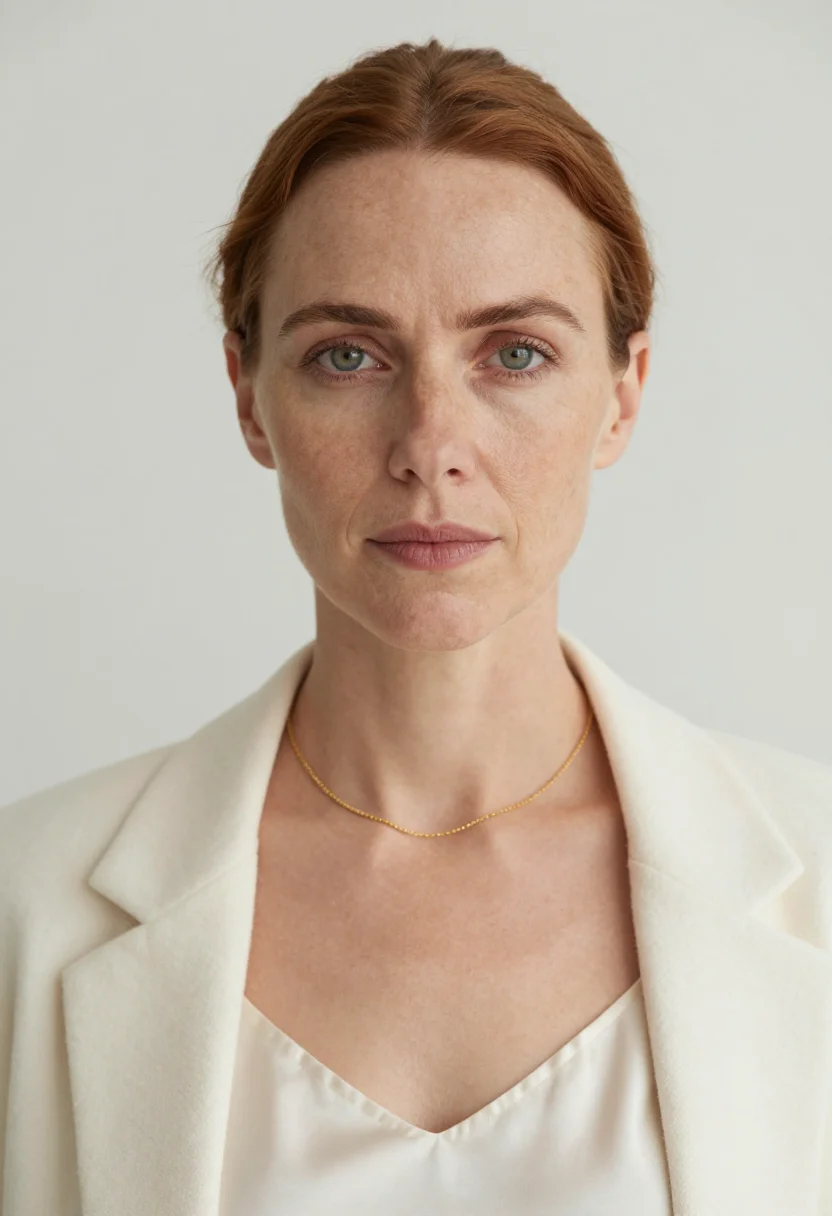 AI winter white suit headshot sample — portrait of a woman, tight headshot of a Western-European wo