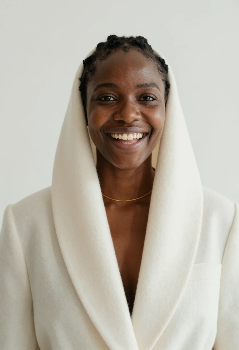 AI winter white suit headshot sample — portrait of a woman, close headshot of a Black woman of Cari